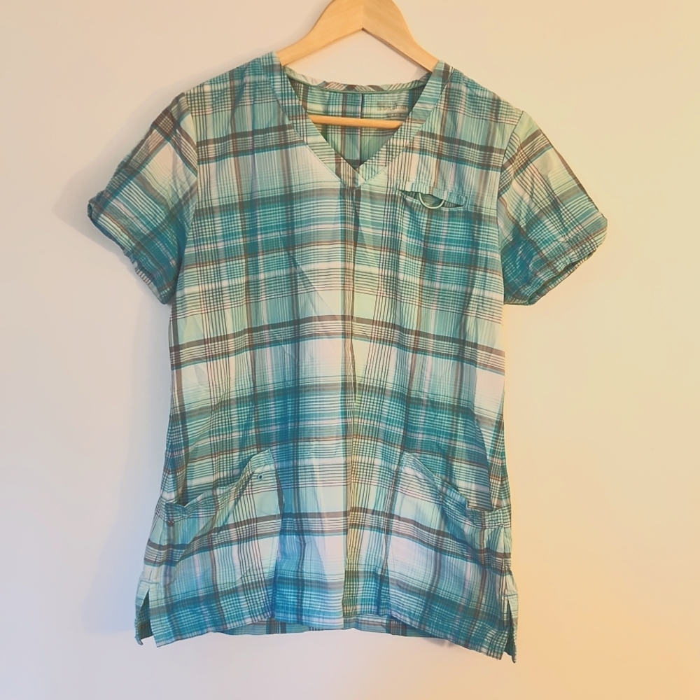 Blue Aqua Plaid Scrub Top